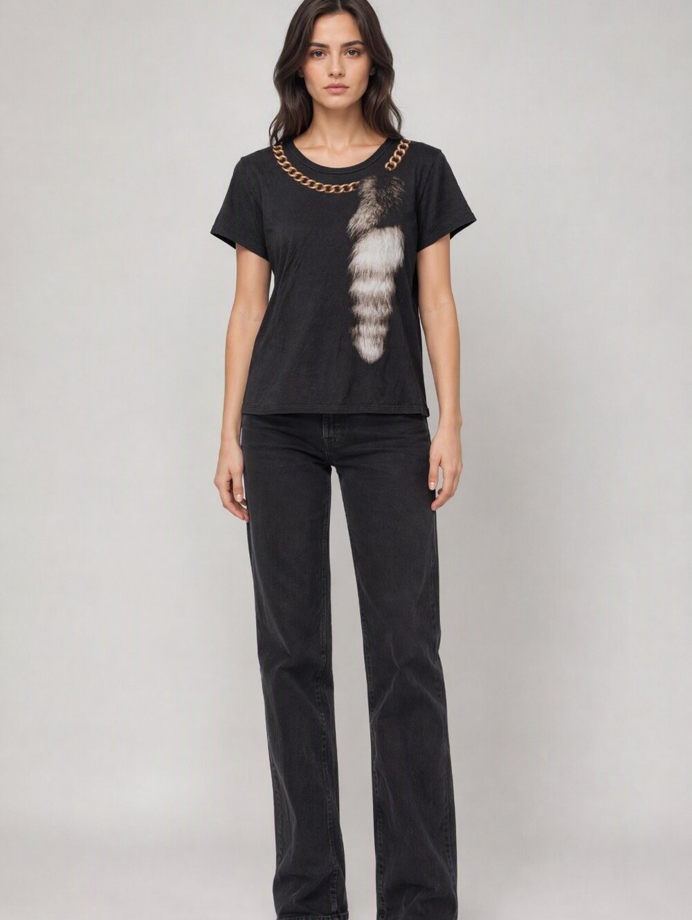 Alexander McQueen Black Short Sleeve Tee with Gold Chain and Faux-Fur Tail Print